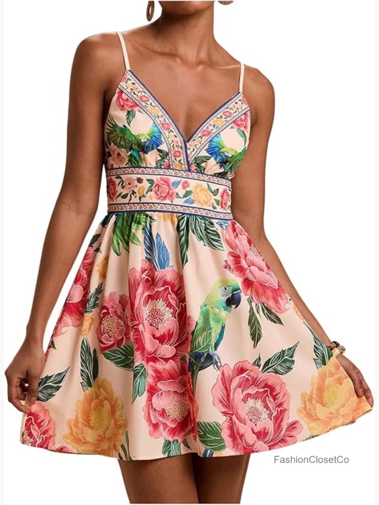 V Neck Floral Boho Cami Dress Ruffle A Line Summer Sundress
